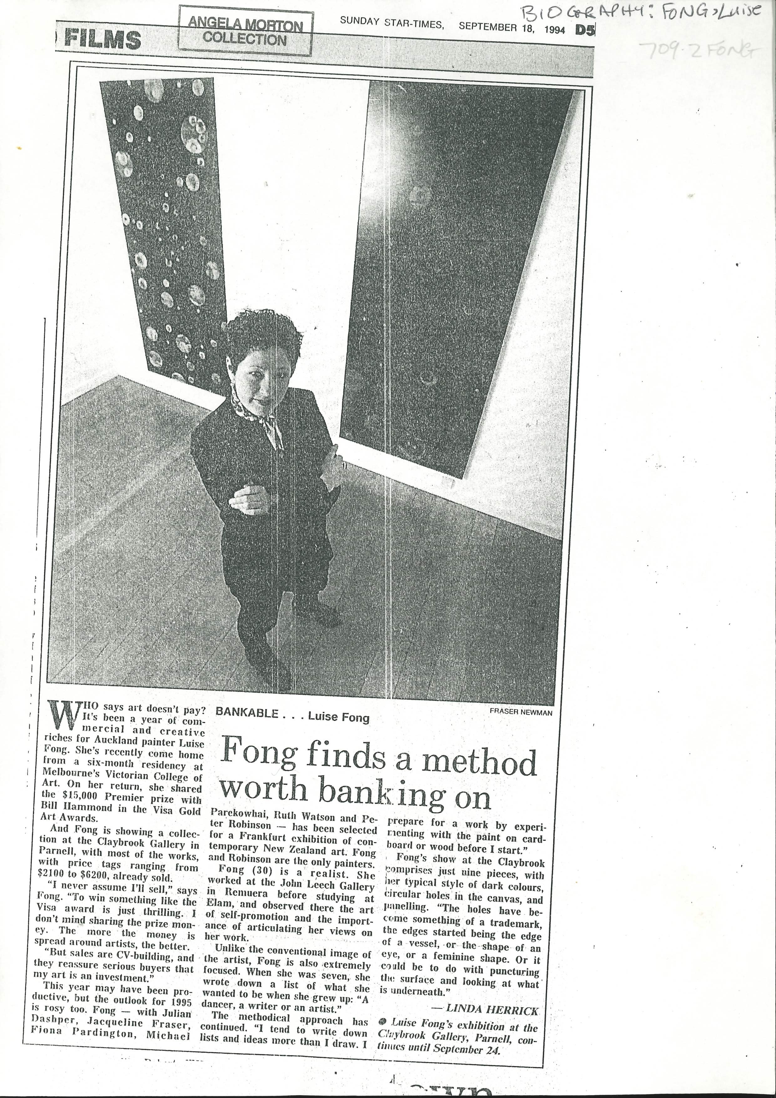 Newspaper article with photograph of Fong with her work. 