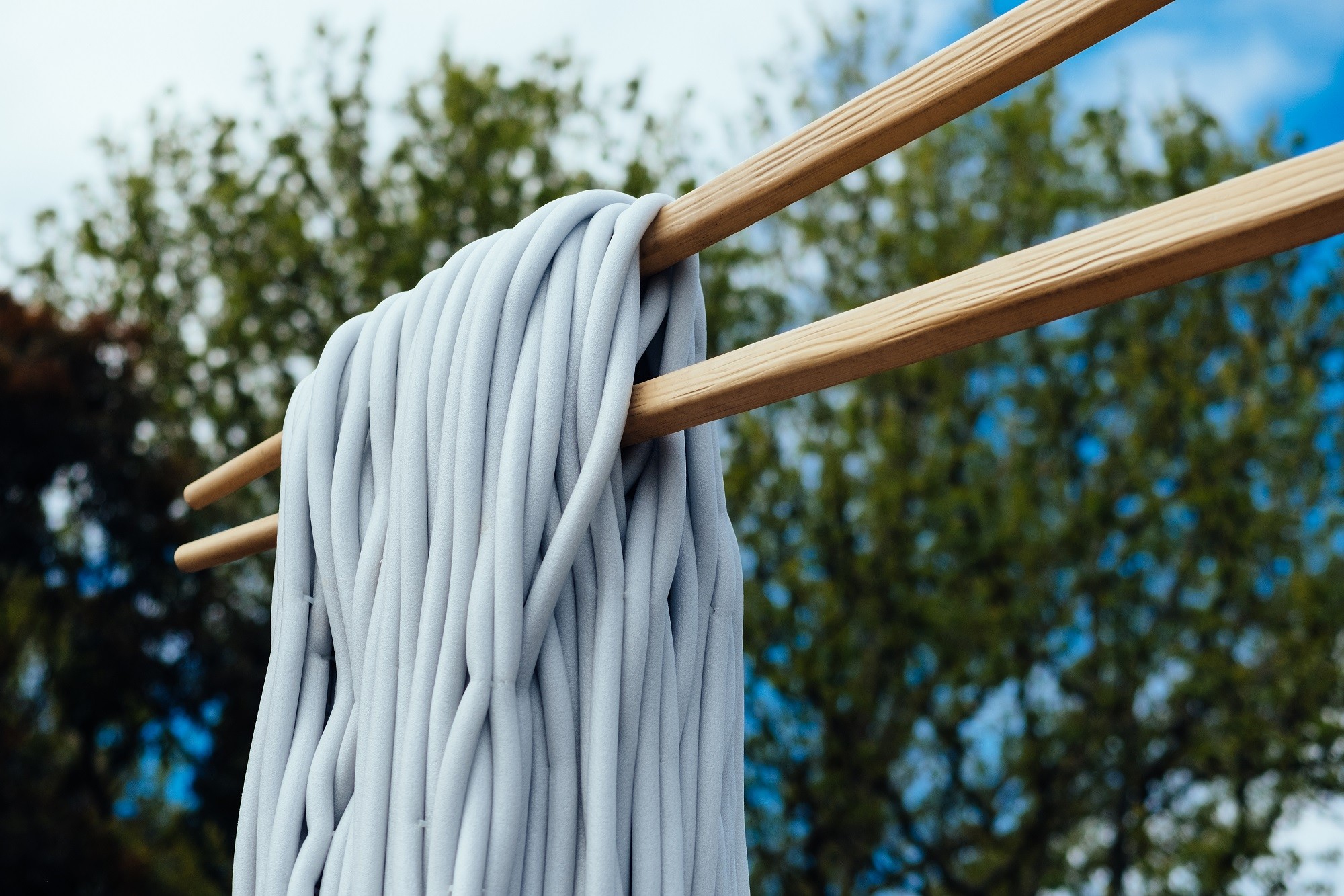 Detail of a pair of chopsticks lifting noodle-like objects with the blue sky and branches of a tree in the background.