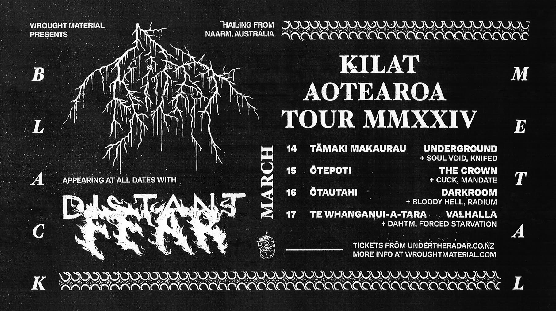 A black and white poster for a metal band tour, with text detailing dates and venues.