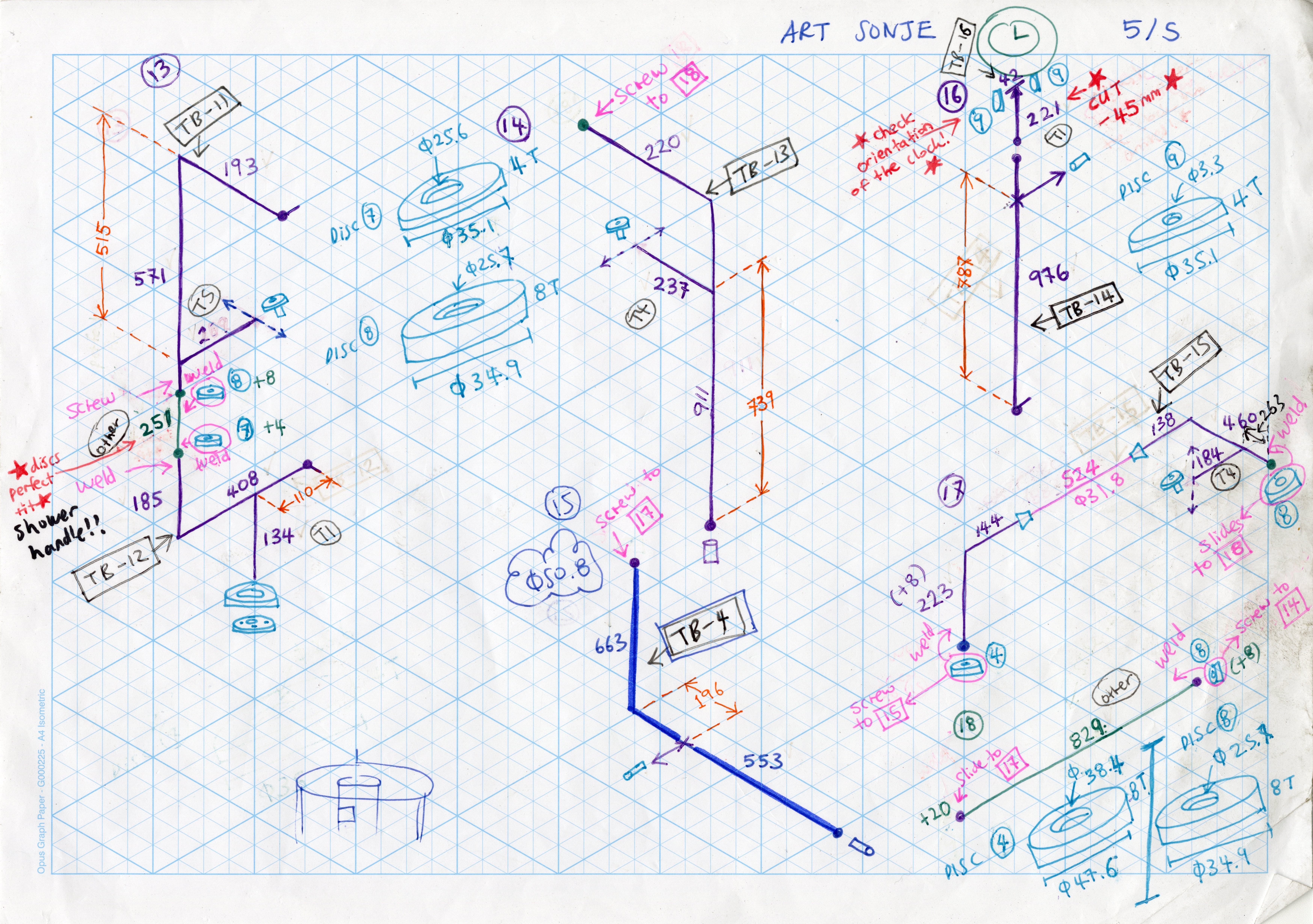 A sheet of isometric grid paper with drawings and measurements in different coloured pens, planning for the fabrication of a sculpture