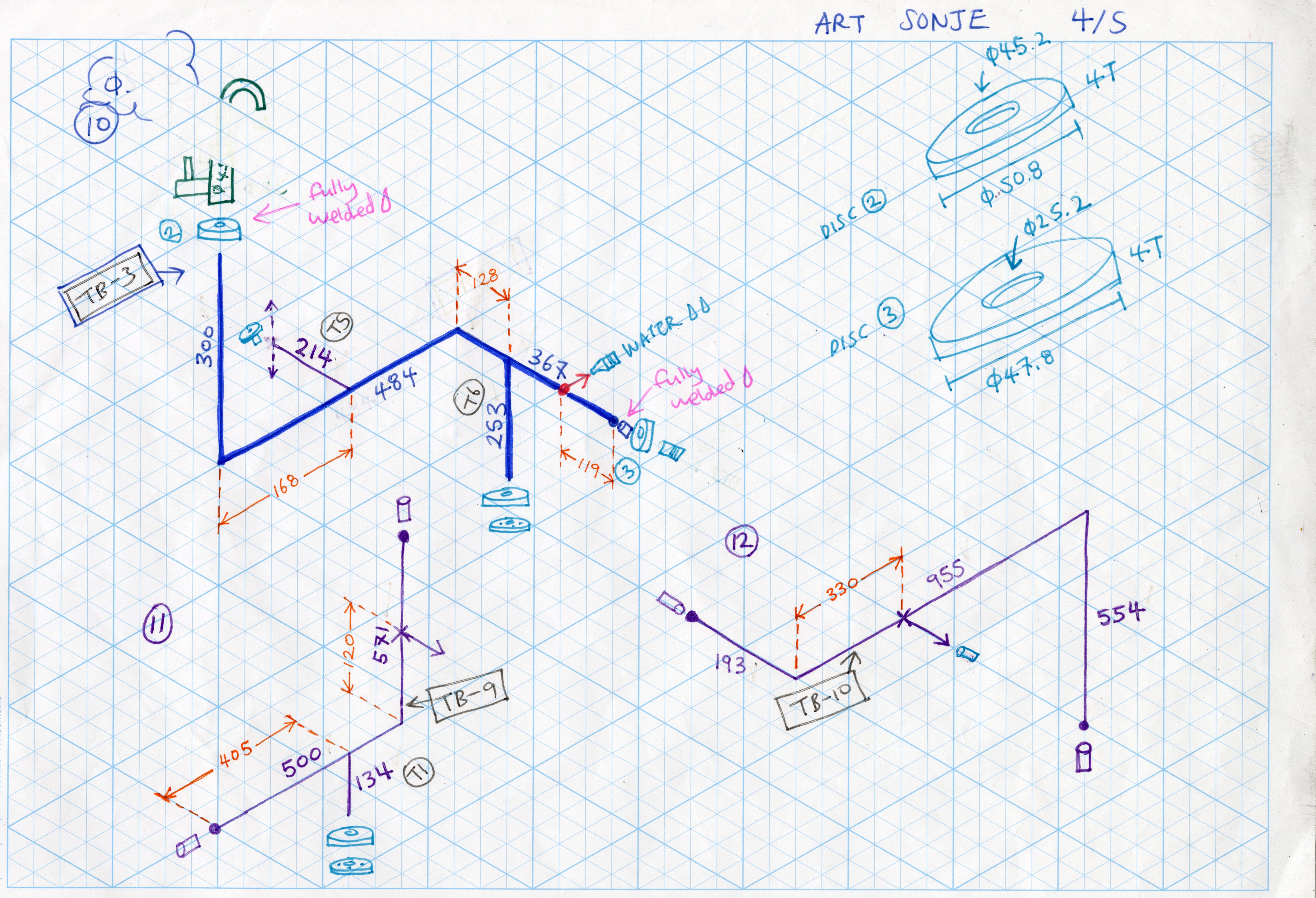 A sheet of isometric grid paper with drawings and measurements in different coloured pens, planning for the fabrication of a sculpture