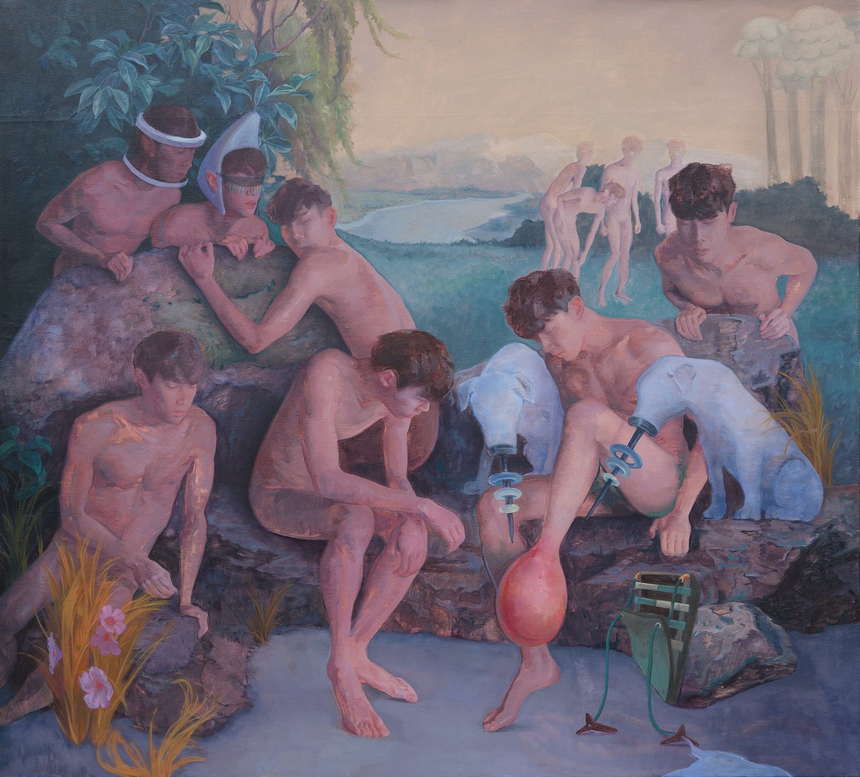 Nude male figures sitting around looking at a foot that has swollen into a red bulb.