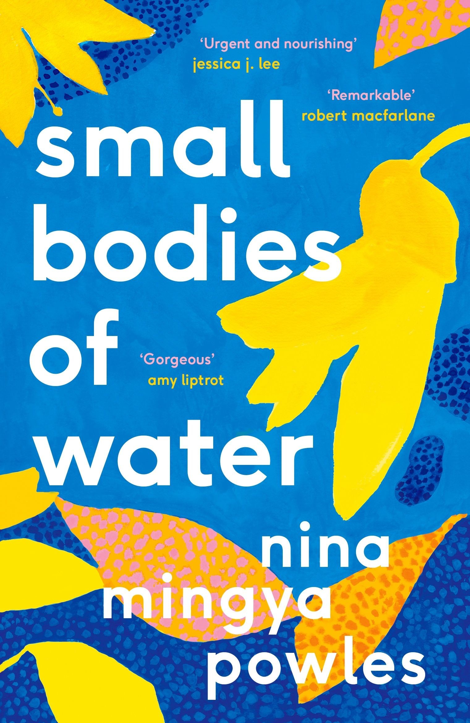 A blue cover with the shapes of leaves and flowers in yellow.