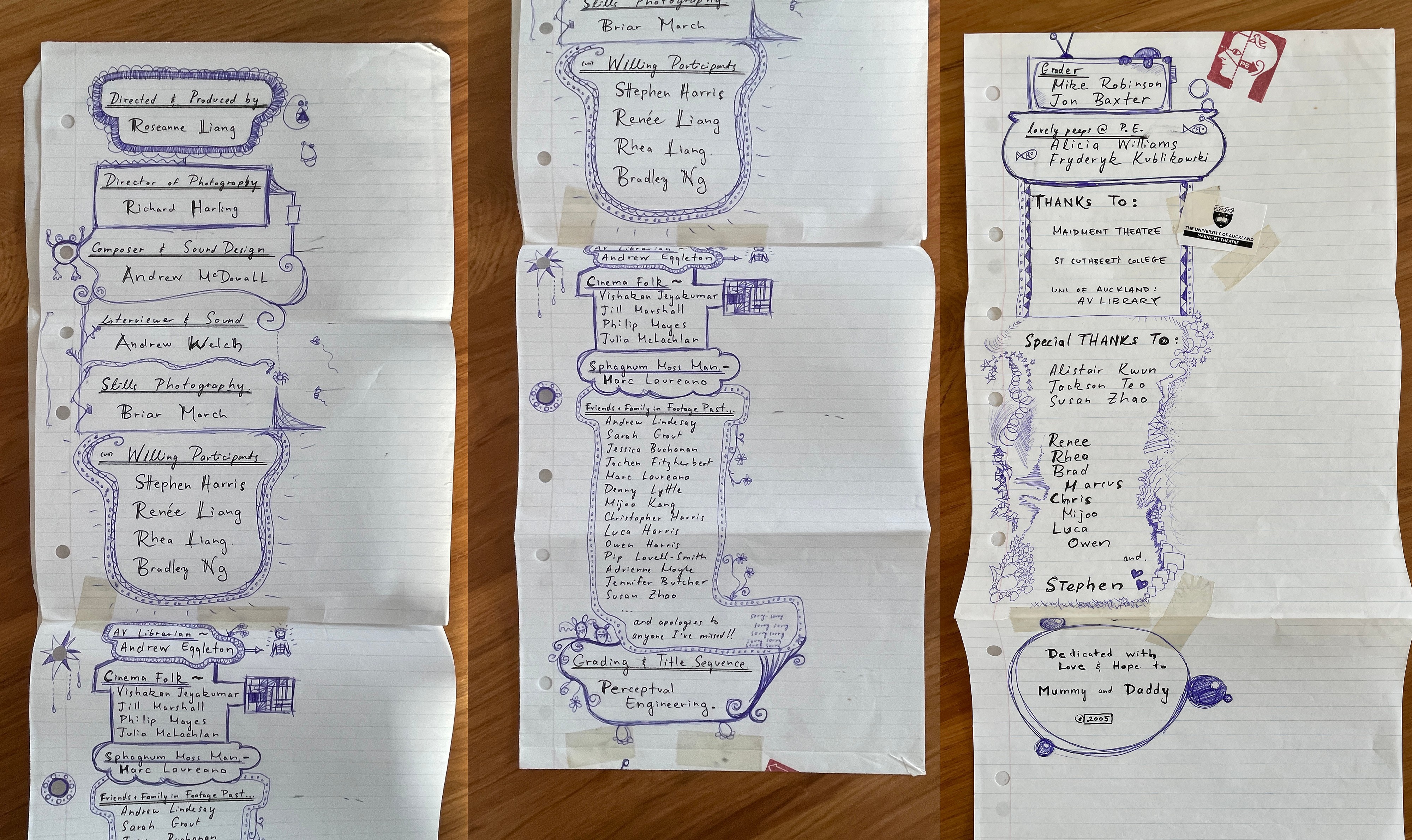 Film credits written in blue ballpoint pen on sheets of refill paper, taped together.