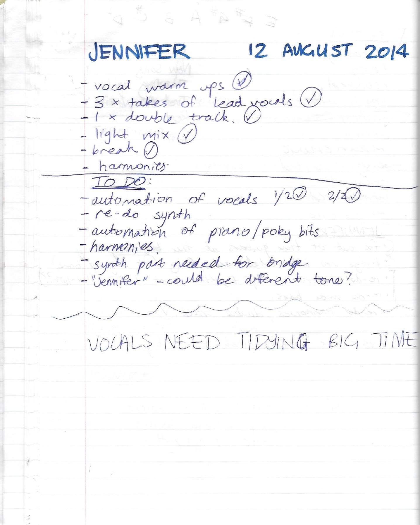 handwritten notes on how to improve song