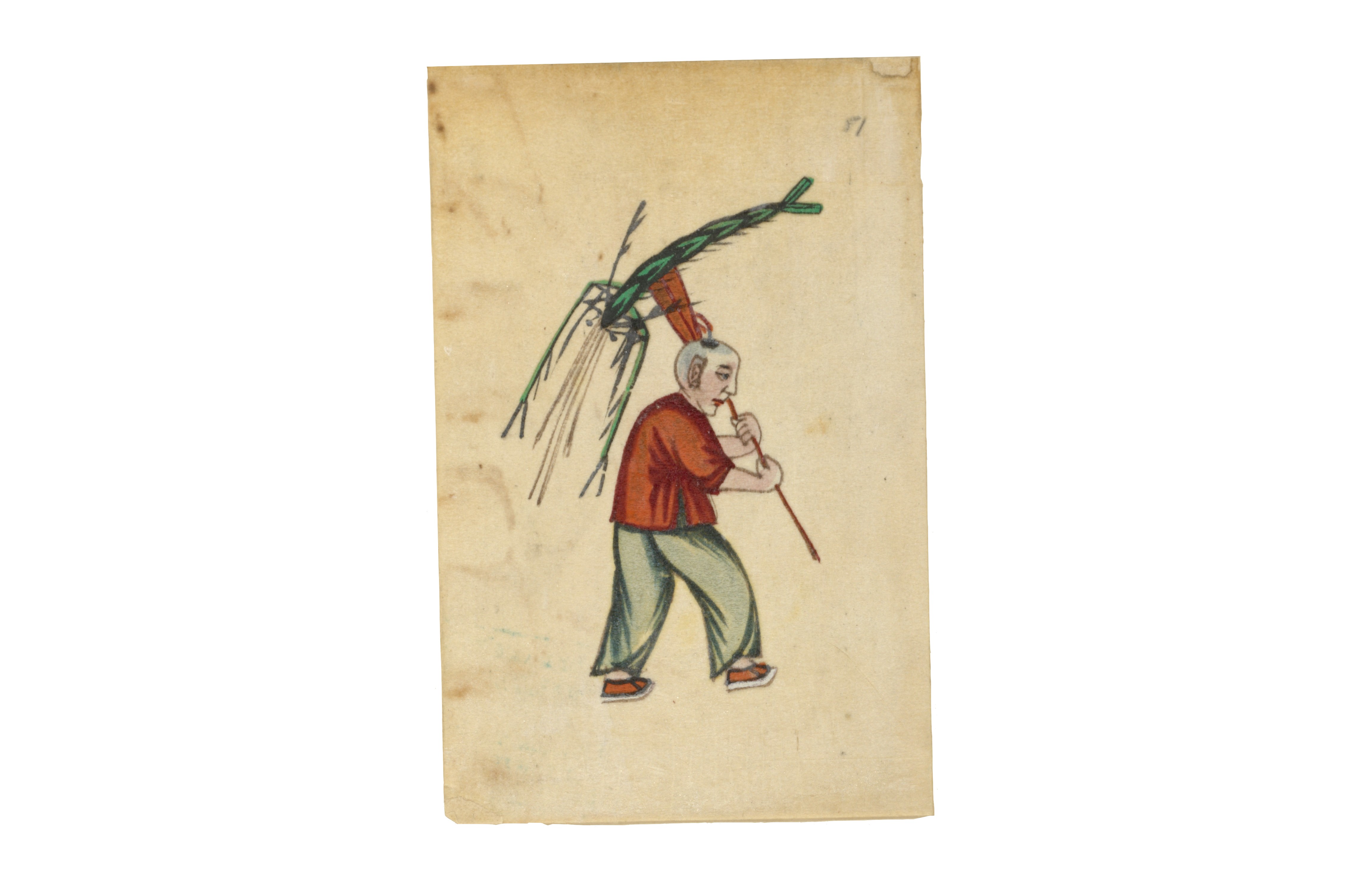 Coloured illustration of a Chinese boy carrying a large insect over his shoulder.