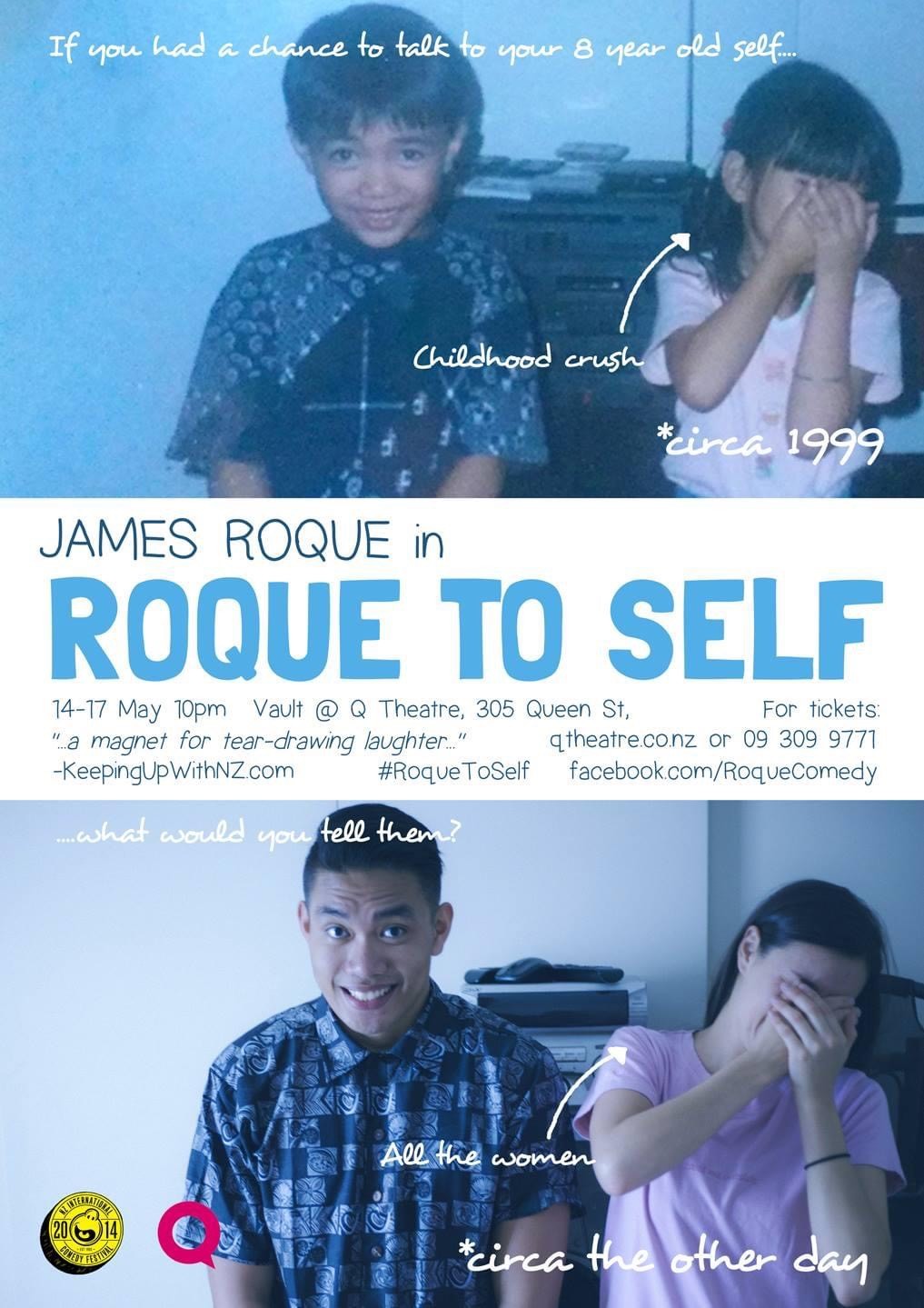 Comedy show poster with a photo of James Roque as a child, making his friend cringe, and a recreated adult version of the photo.