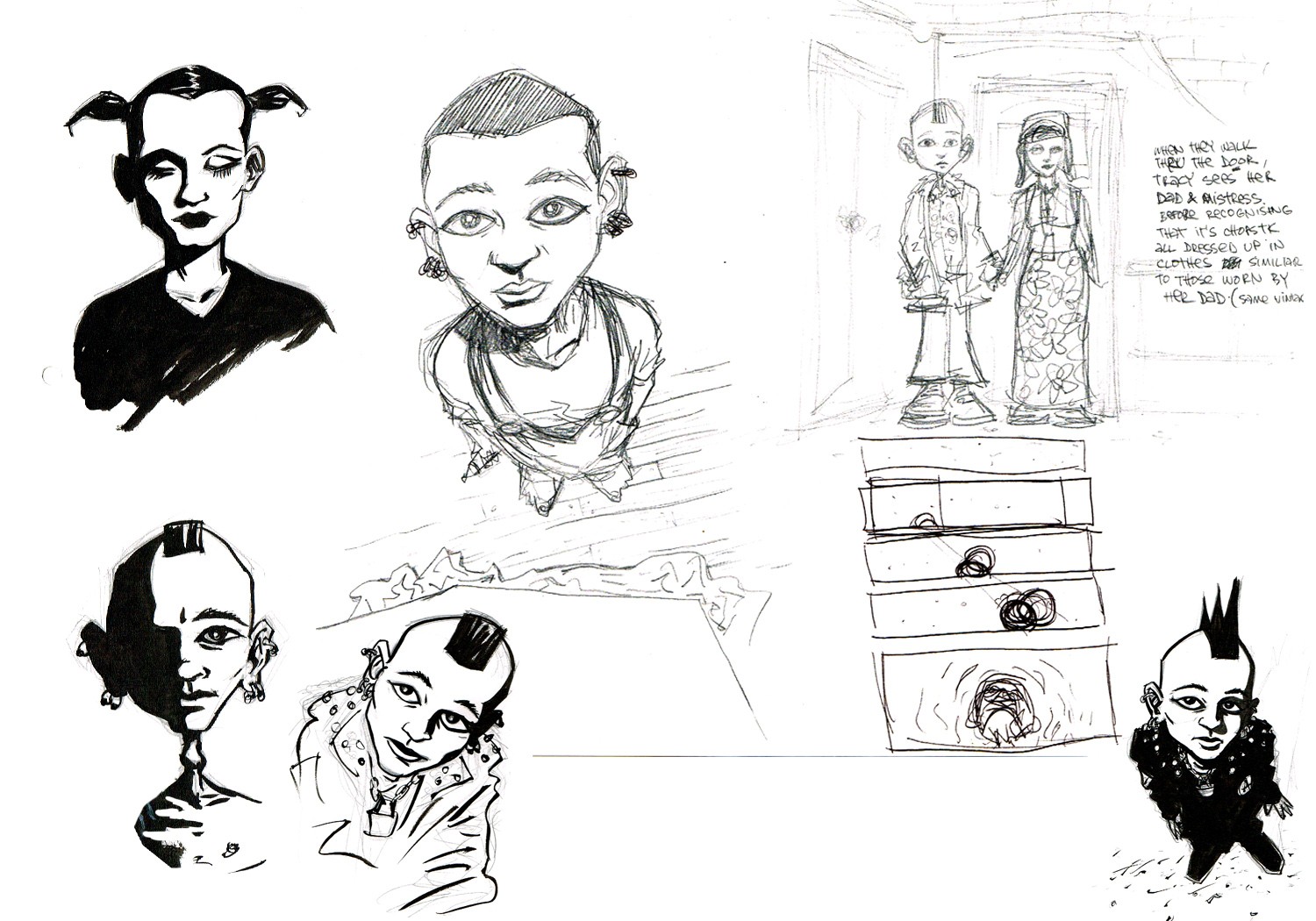 Draft ink sketches of characters.