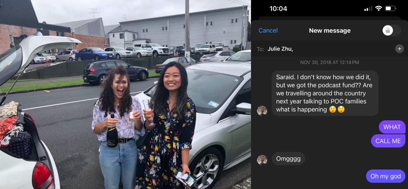 A photo of two women smiling with glee next to car boot with a wine bottle, and a screenshot of text messages of Julie telling Saraid the series had been funded.