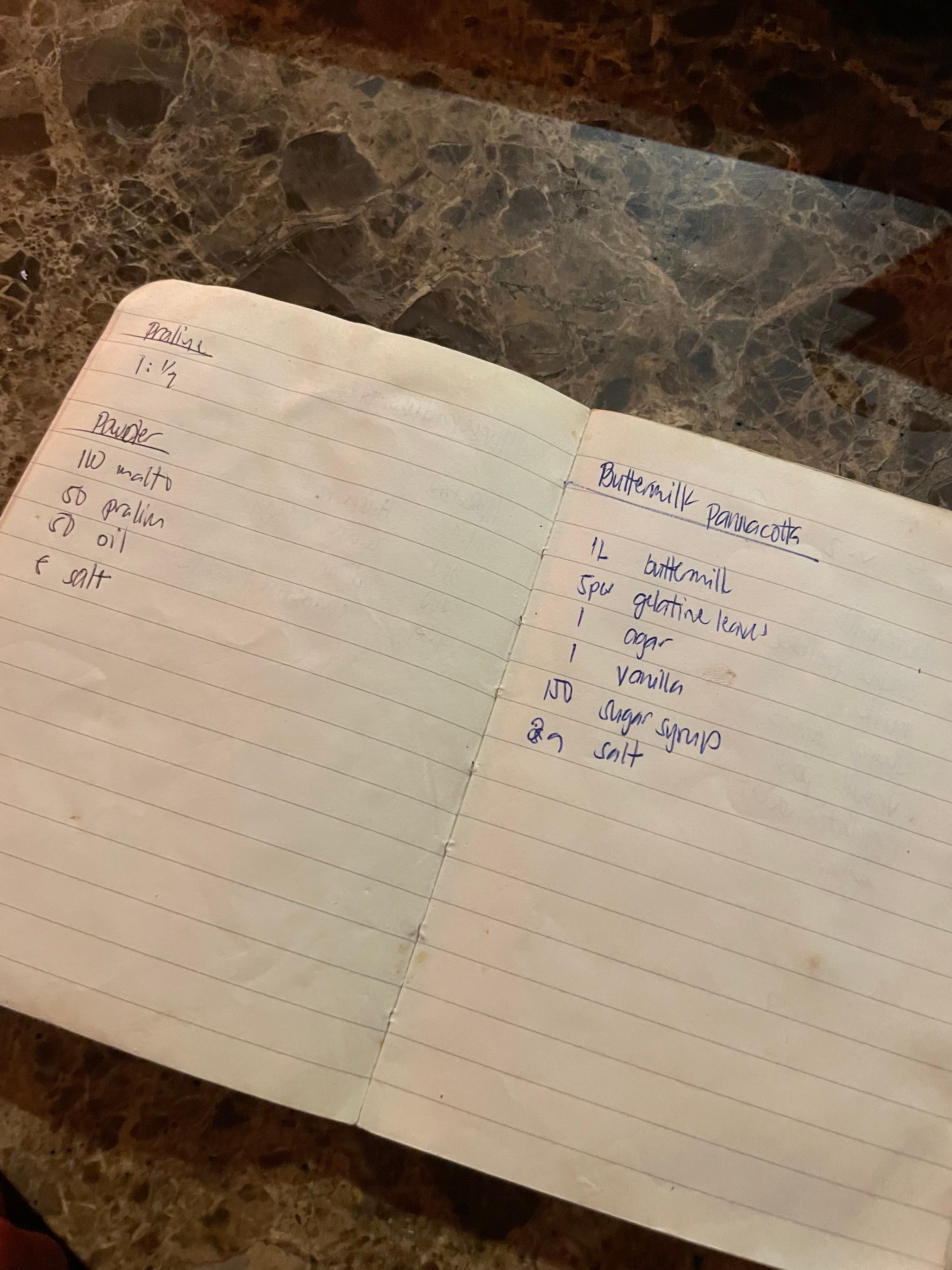 Handwritten recipe notes in a small lined notebook.