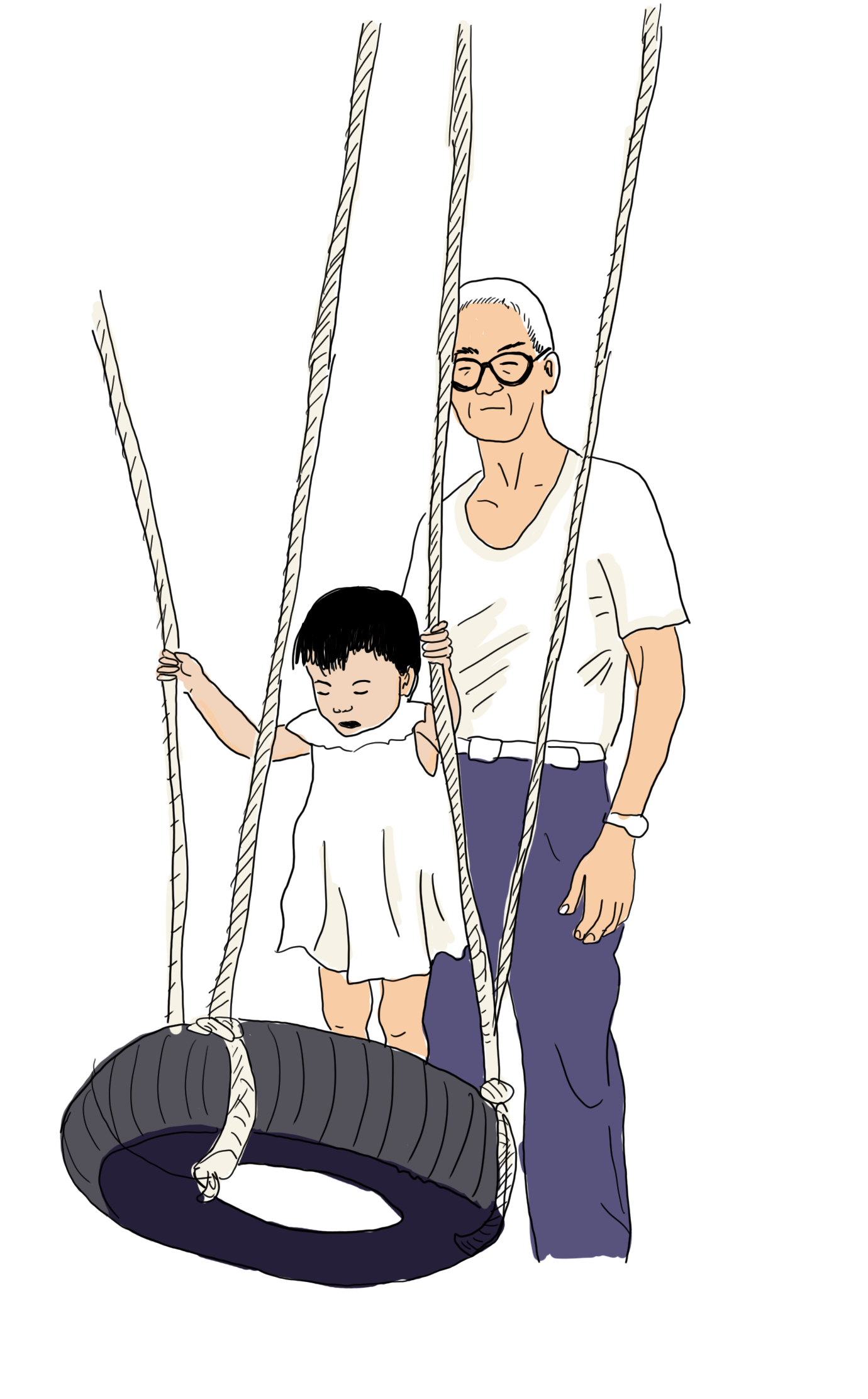 A simple line-art illustration of a grandfather standing with a toddler, who is playing on a tire swing.