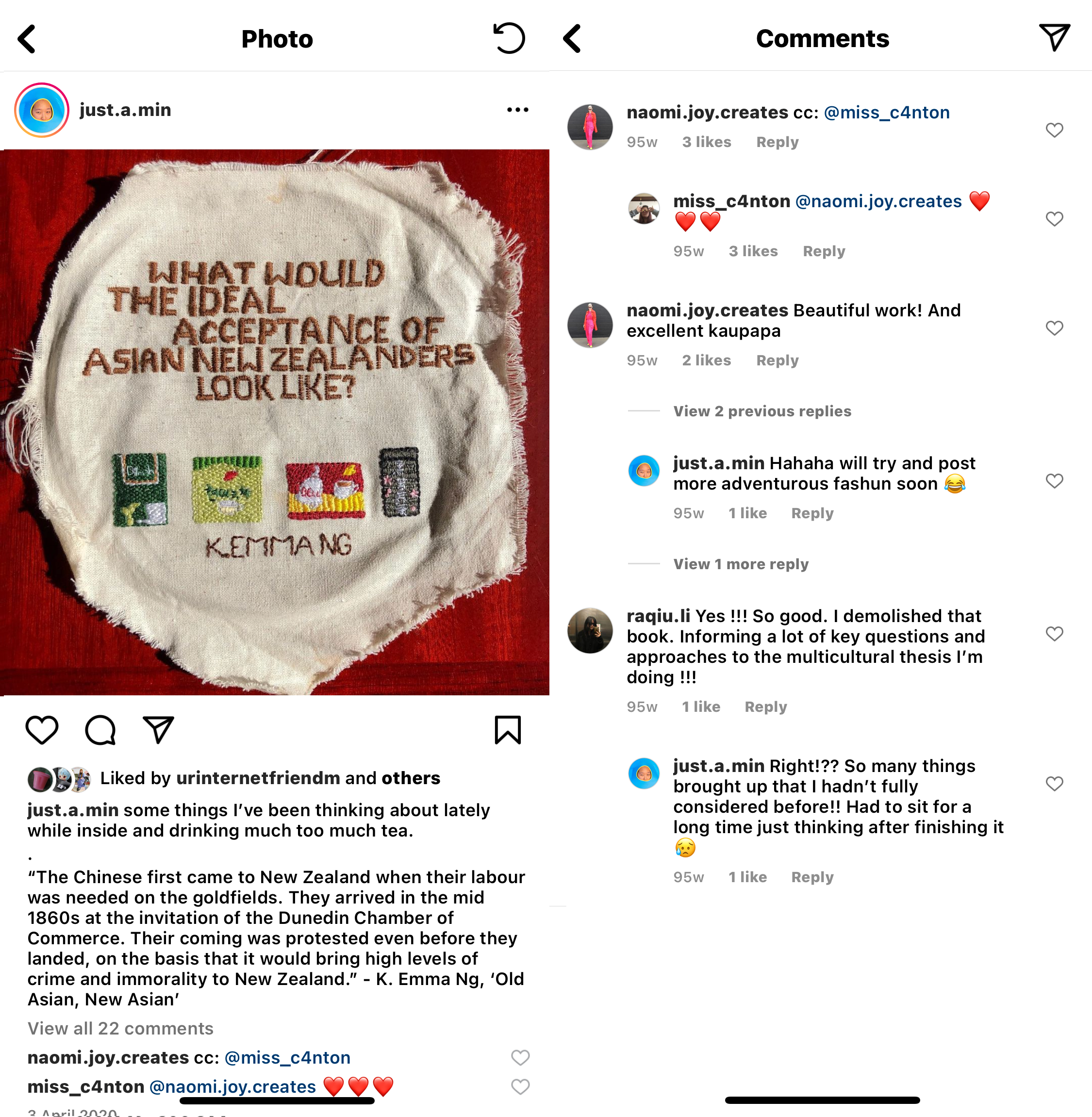 Screenshot of an Instagram post with an image depicting a embroidered quote.