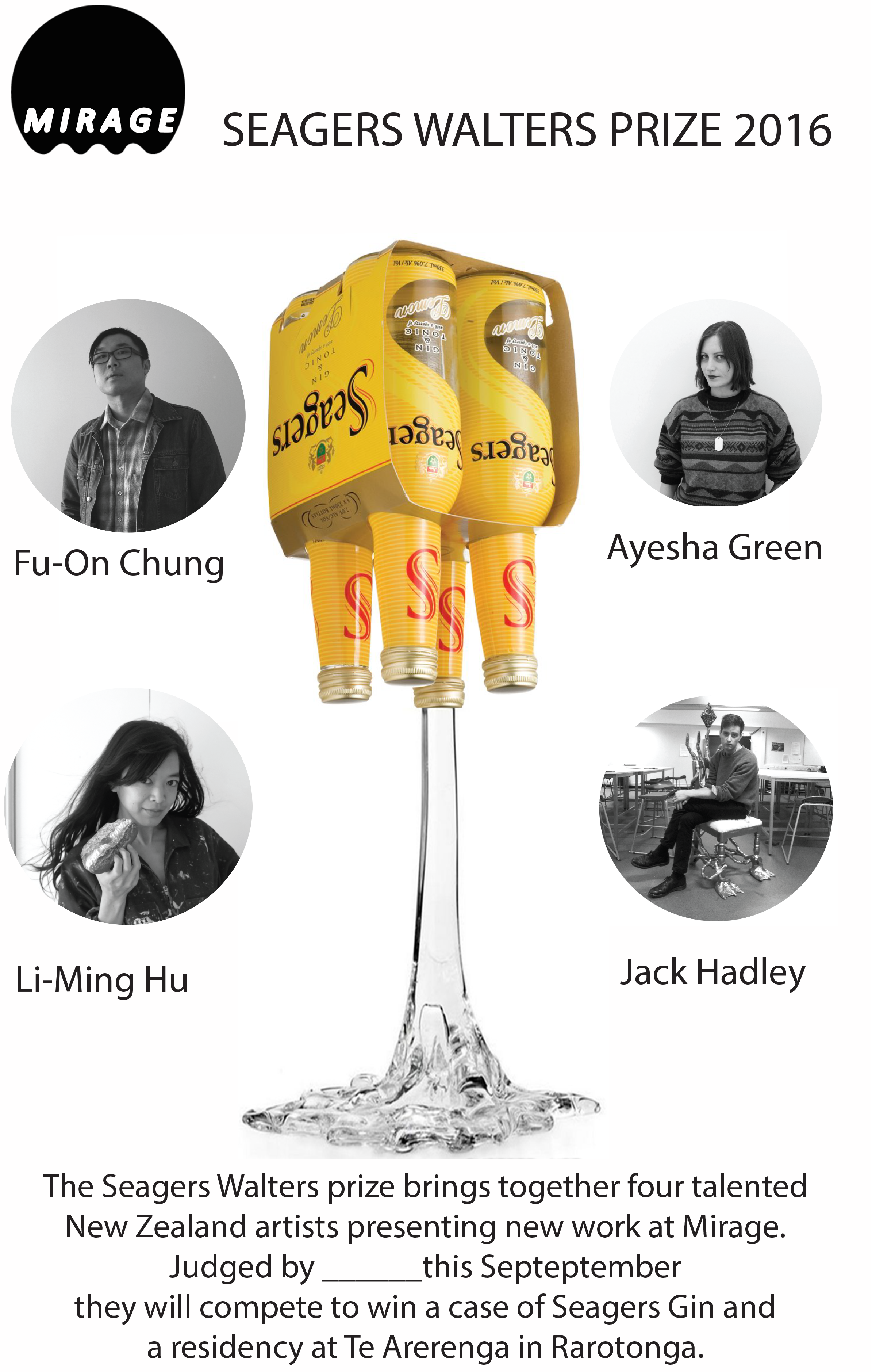 Image of an upside down Seagers gin four-pack with four artists (finalists in the prize): Fu-On Chung, Ayesha Green, Li-Ming Hu and Jack Hadley