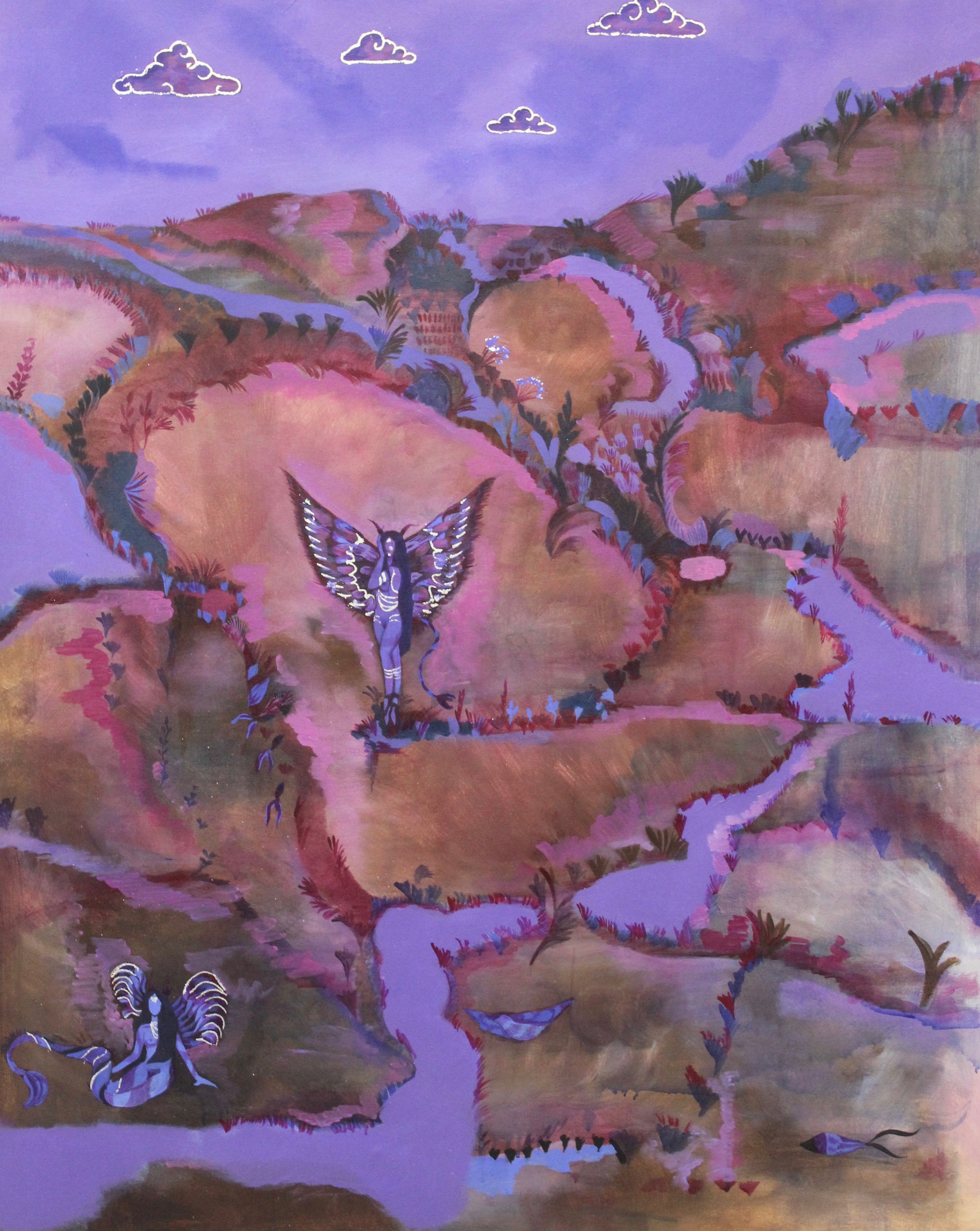 A painting of an abstract landscape with a purple sky and river. Creatures with wings sit and stand on the land masses within the painting. 