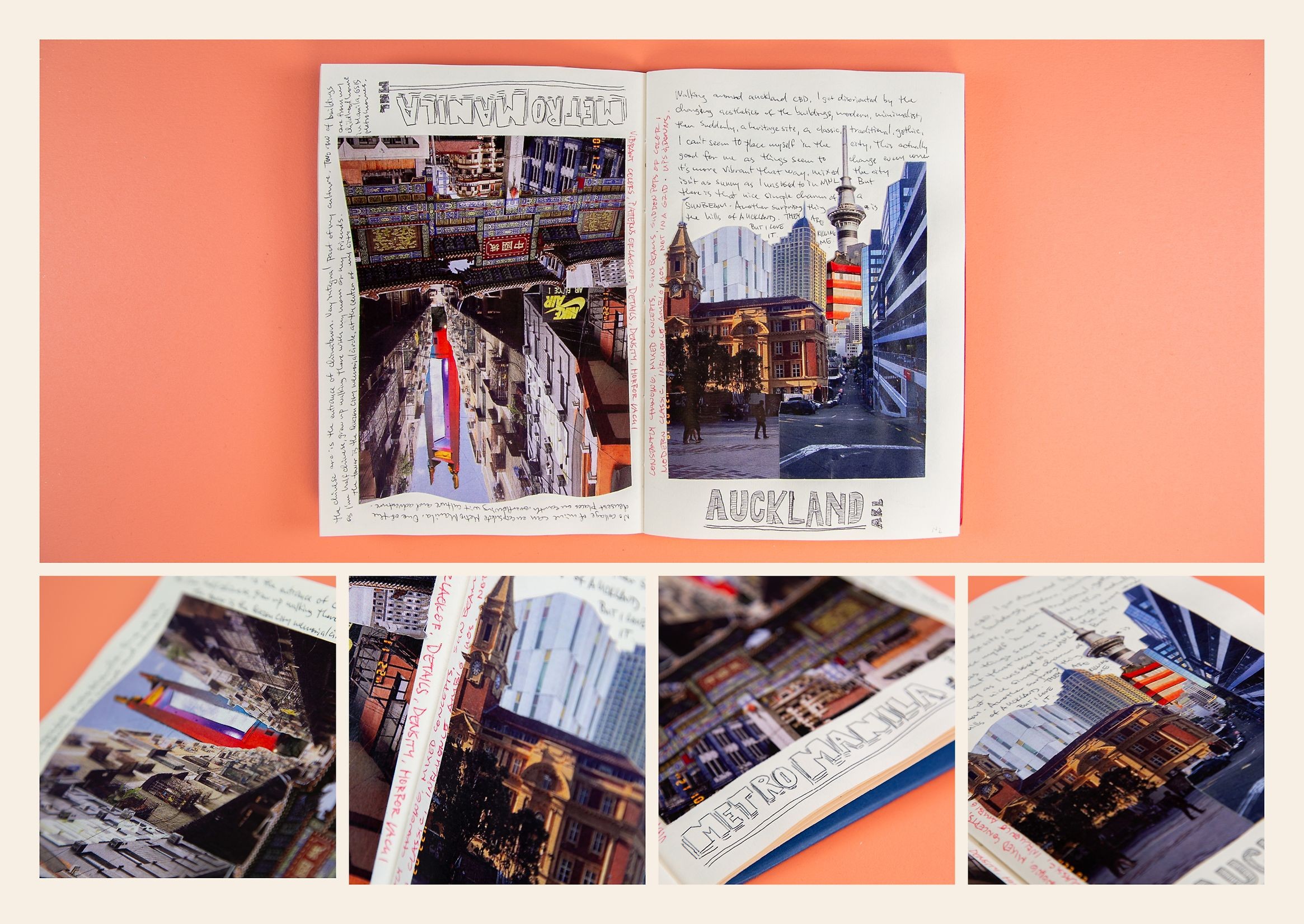 Intricate collages of cities – one collage contains photos from Manila, the other from Tāmaki Makaurau - both images have handwritten notes scribbled around them