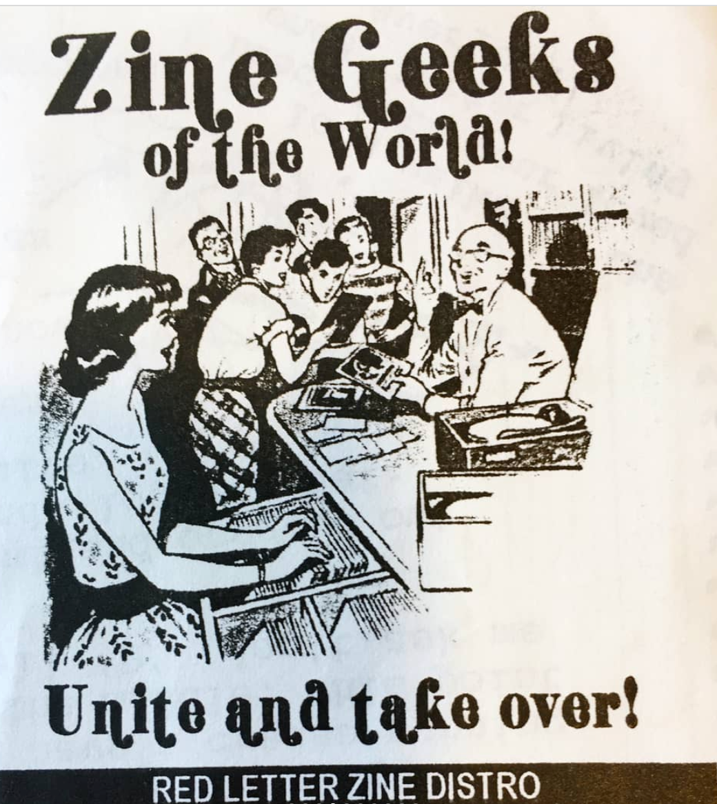 A black and white poster with a retro illustration of people looking at vinyls and the words "Zine Geeks of the world, Unite and take over!". 