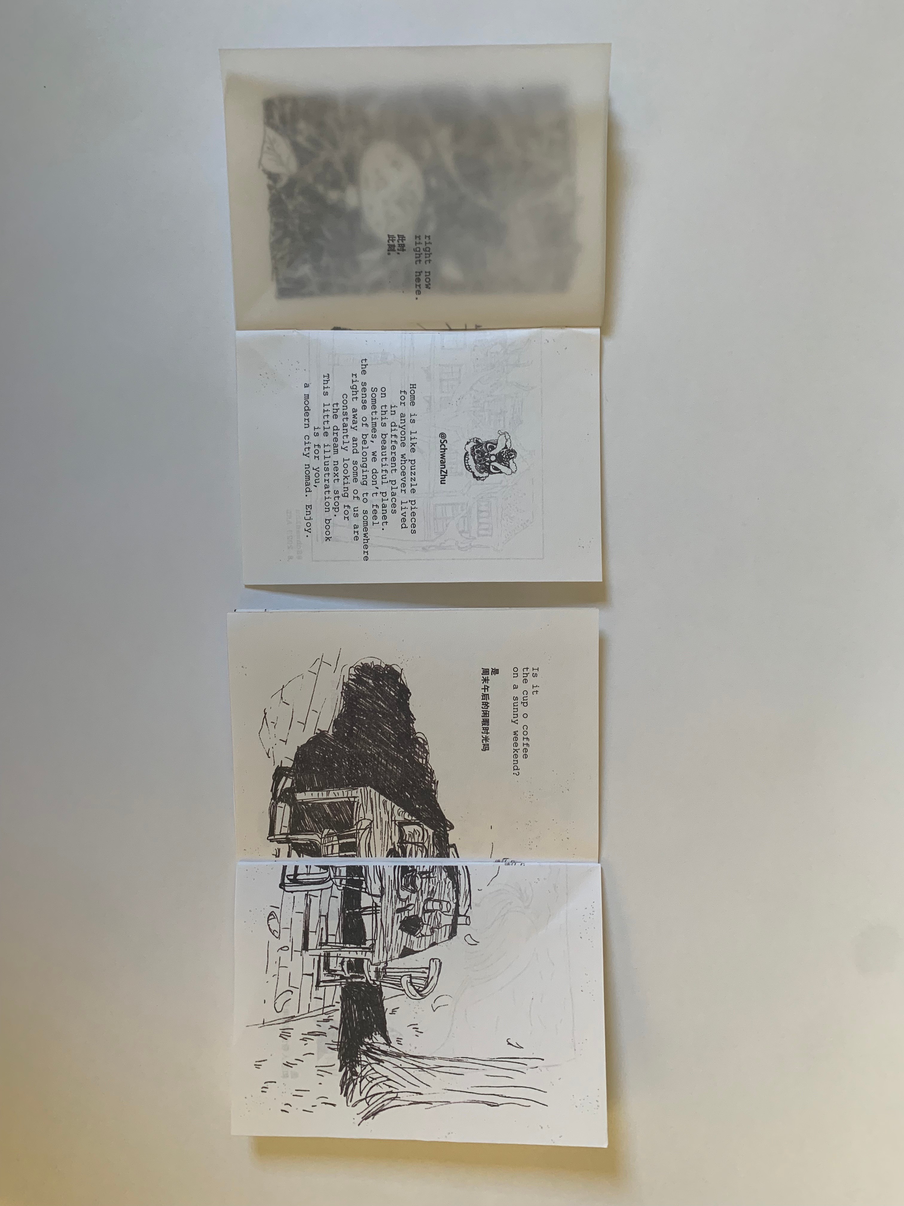 A photograph showcasing two zine pages with detailed black and white illustrations and story text. 