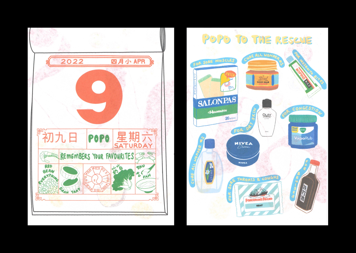 Two colourful pages of drawings - one of a Chinese calendar and the other of small medicinal items.