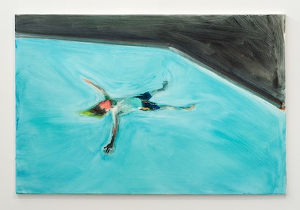 A painting of a person lying on their back in a bright aqua swimming pool.