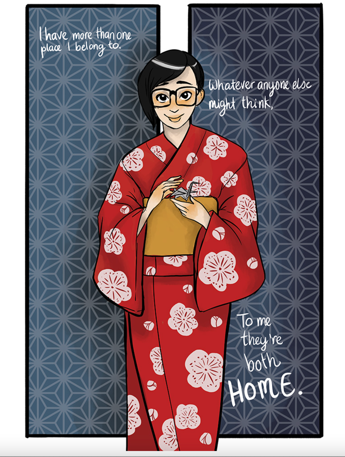 A cartoon illustration of a person in a red kimono with a light pink flower pattern. Handdrawn text is around the person, reflecting on belonging and home.  . 