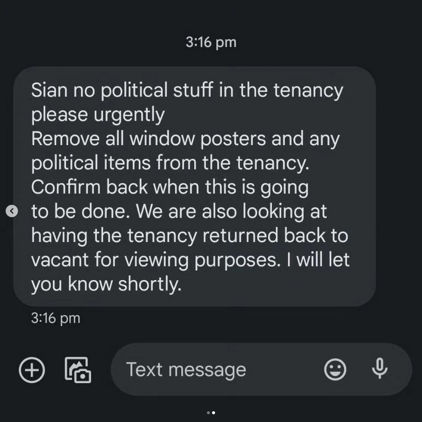 Screenshot of iMessage showing a message asking for political posters to be removed from the gallery.