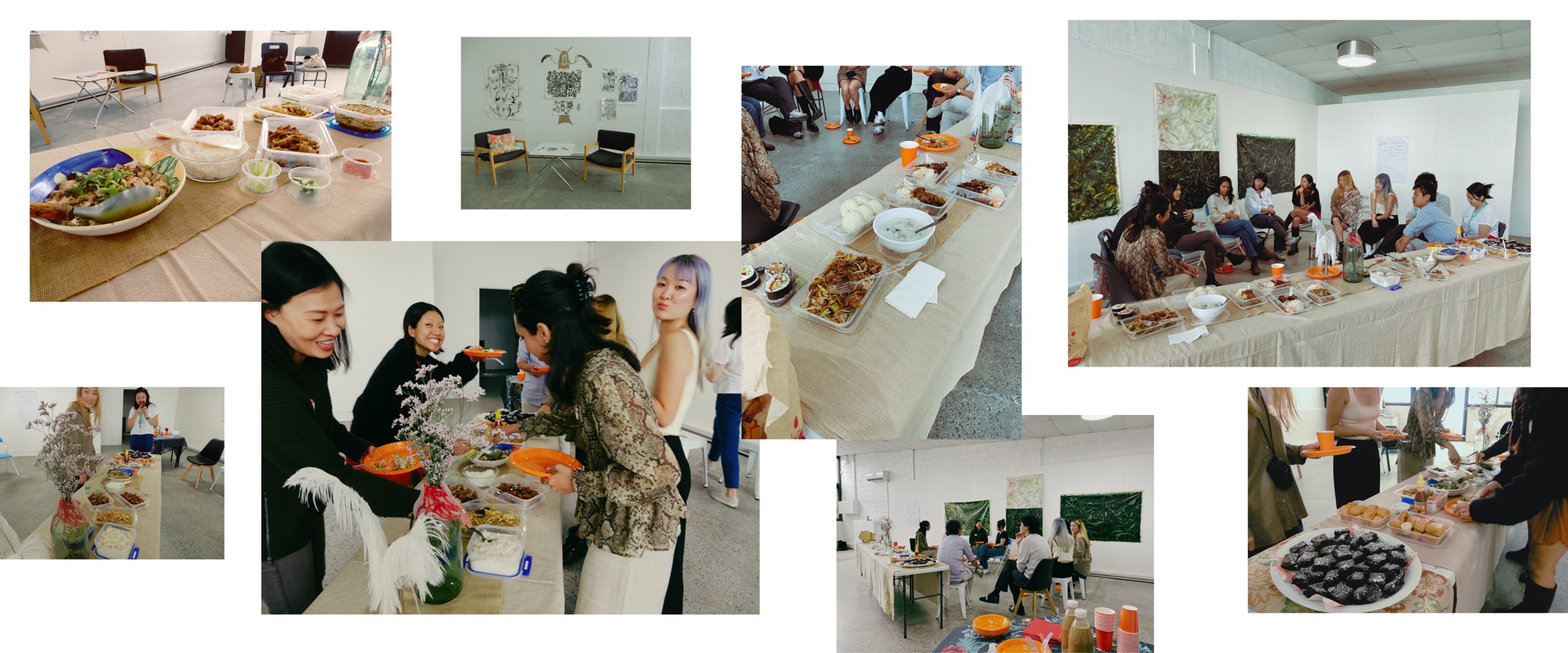 Photos of people around a long table filled with food at the Central Takeaways event.