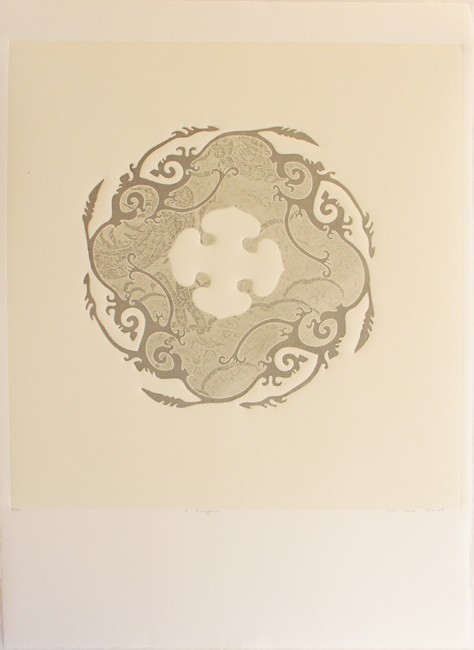 Gently curved forms, clouds and spirals circle each other on softy golden paper.