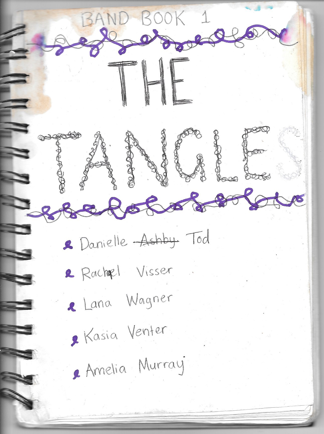 Hand-drawn cover page featuring names of the band members