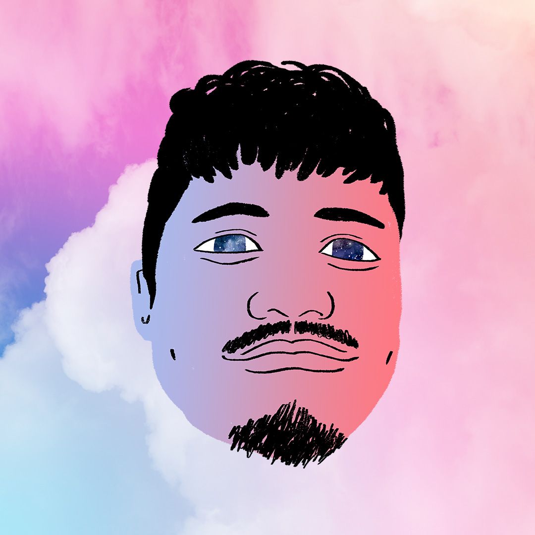 Illustrated portrait of Mar Conaco in pink and purple. He has a moustache, a small beard and shrot hair.