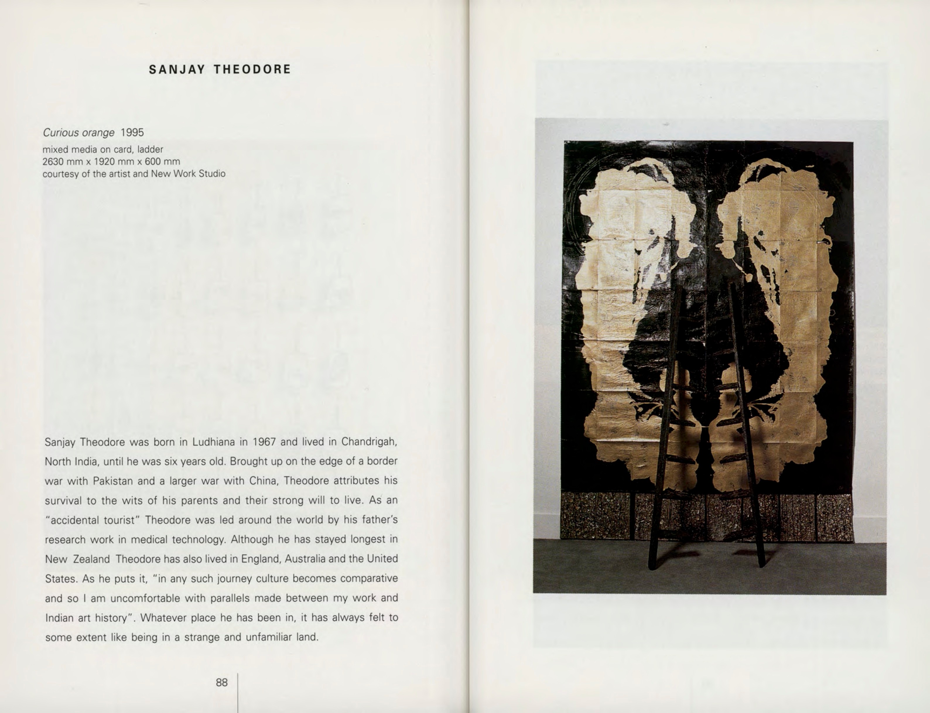 Scan of a double page spread with an artist bio on the left page and a photograph of artwork on the right.