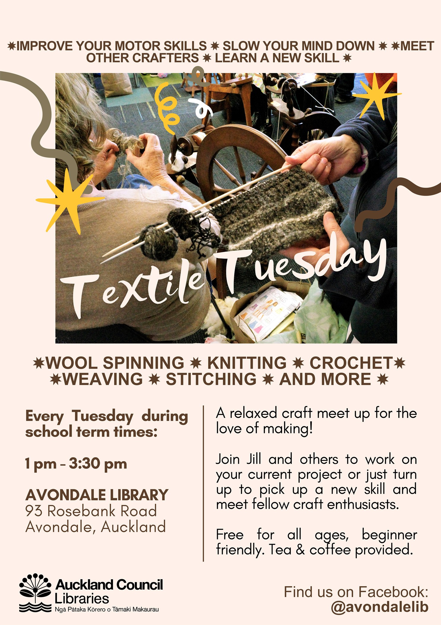 A poster with a photo of people weaving with text overlayed that says 'Textile Tuesday'