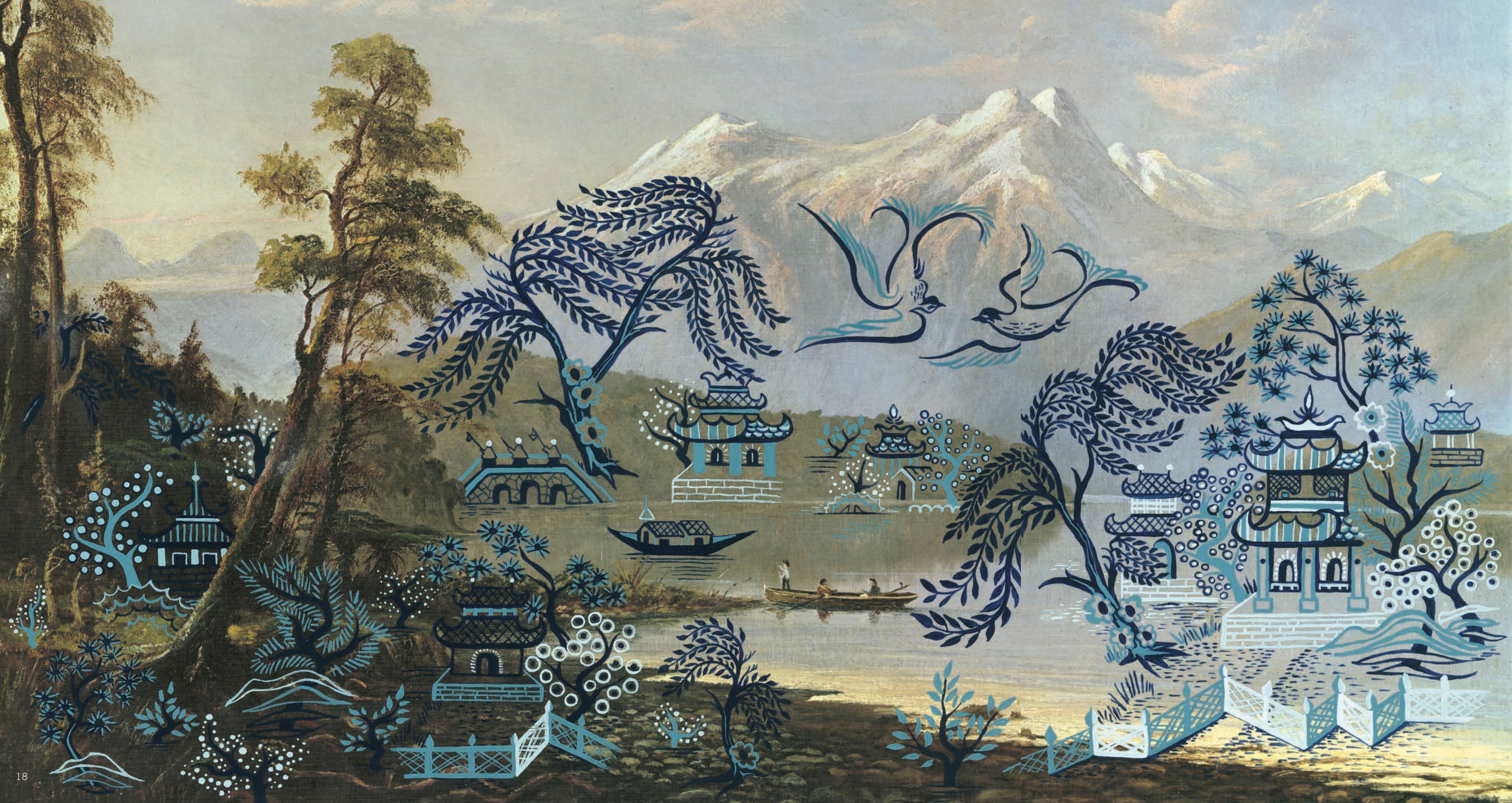 Blue and white willow patterns showing birds, trees and pagoda have been painted over a colonial painting of a New Zealand landscape.