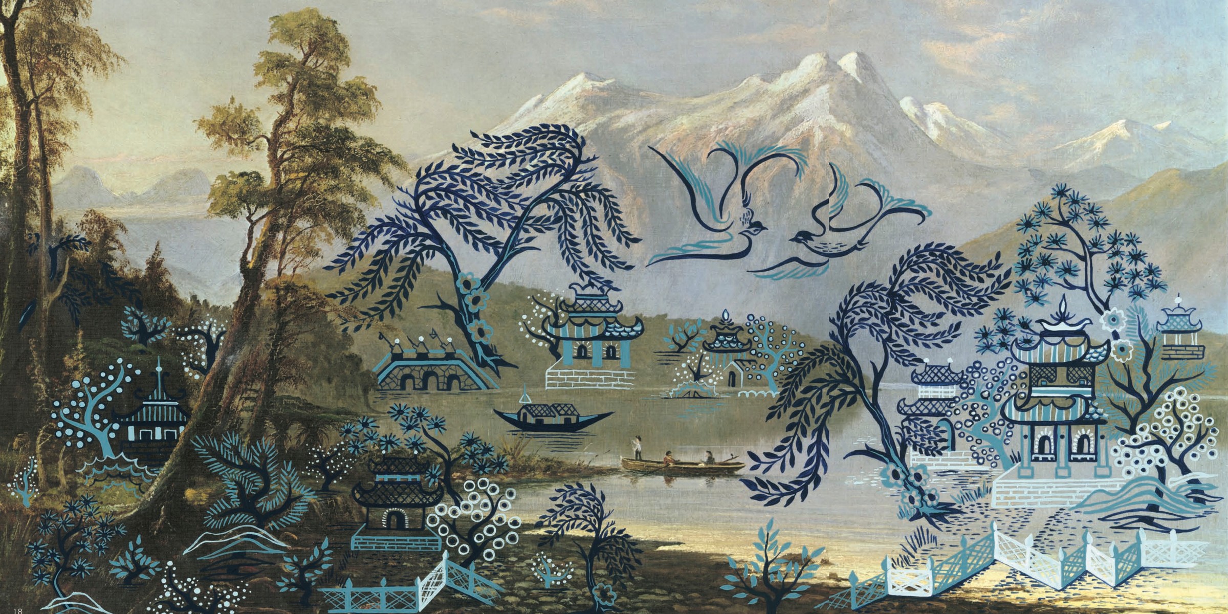Blue and white willow patterns showing birds, trees and pagoda have been painted over a colonial painting of a New Zealand landscape.