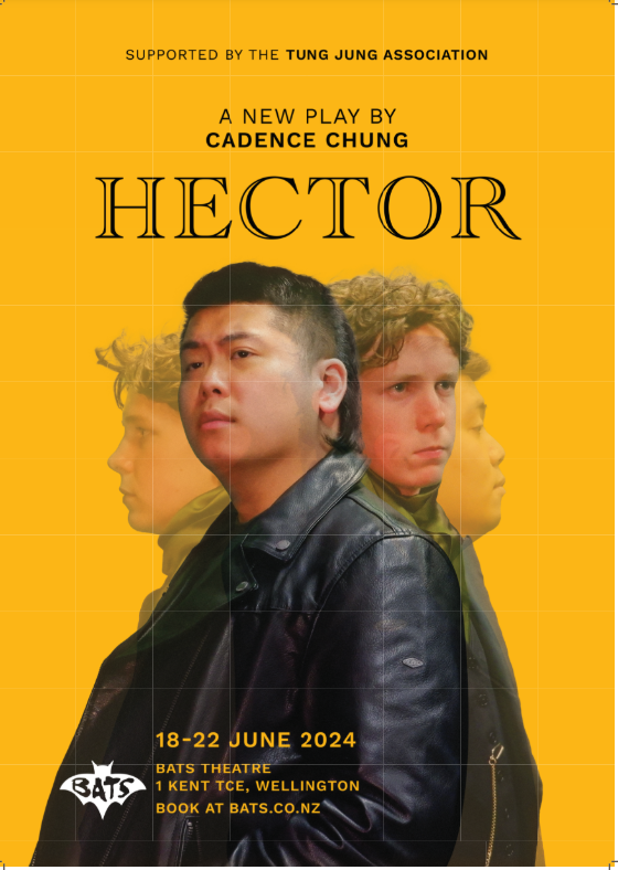 Yellow play poster with a Chinese man and a European man blending in and out of each other.