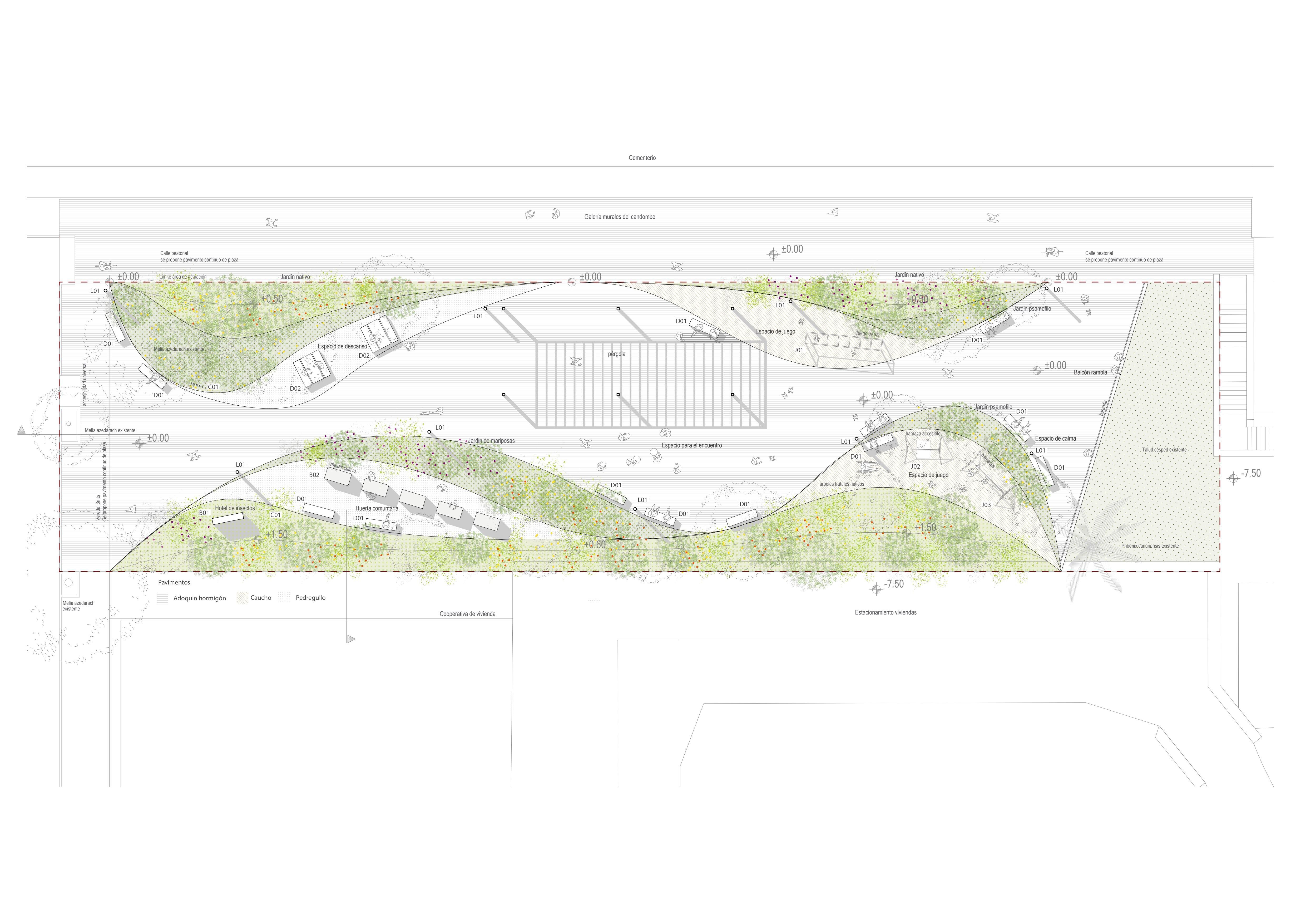 Plano plaza rosa luna. diseño espacio público