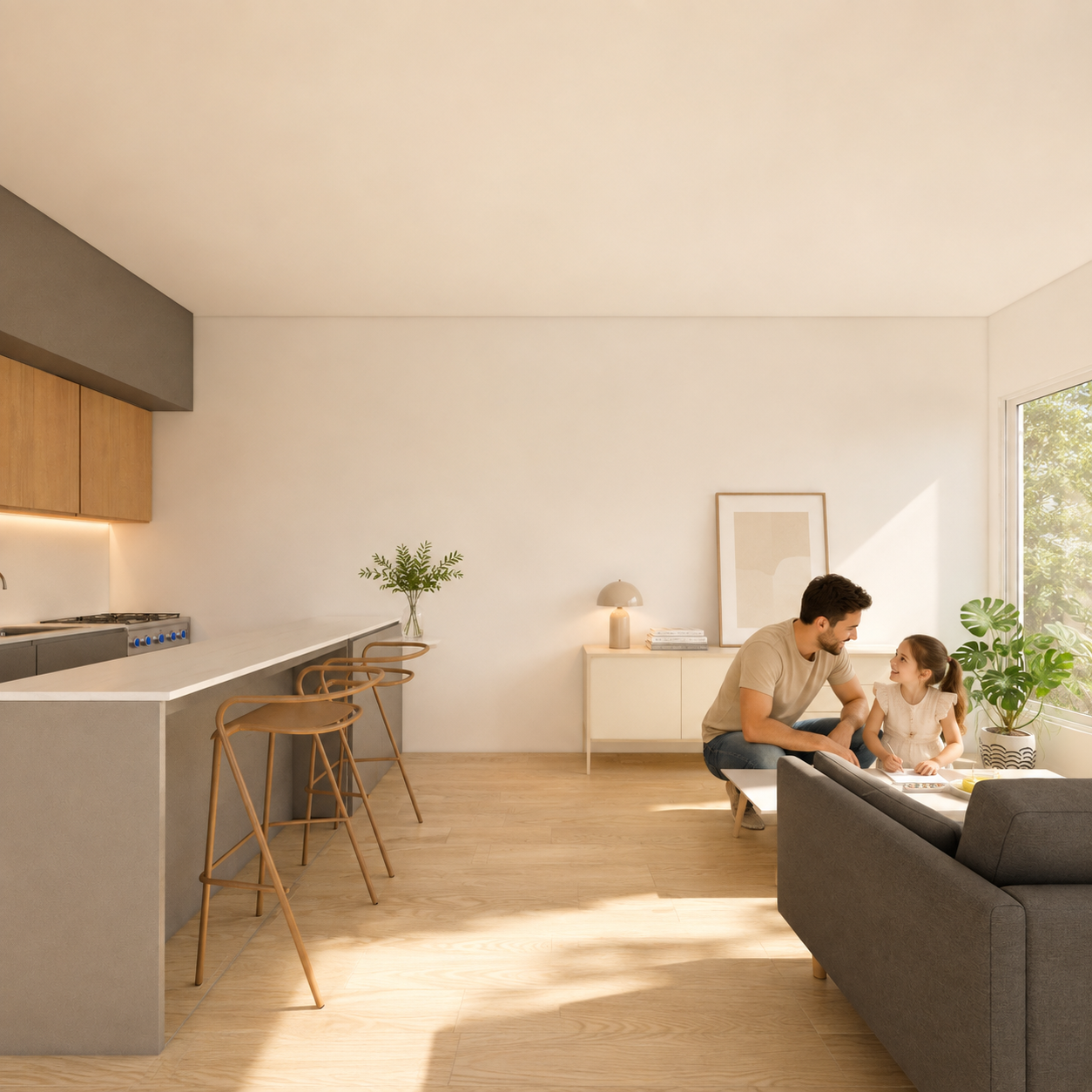Cocina y estar integrados. Diseño interior