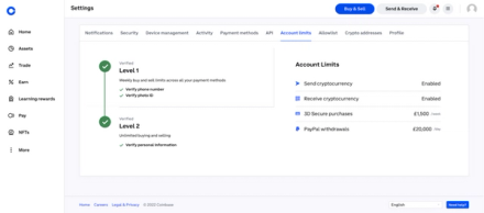 Verification levels on Coinbase
