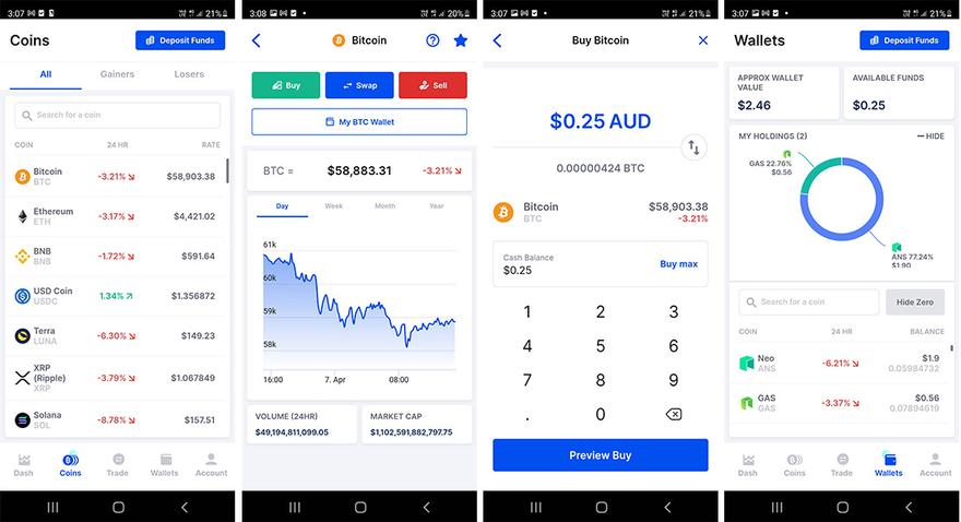 Screenshots of the CoinSpot mobile app