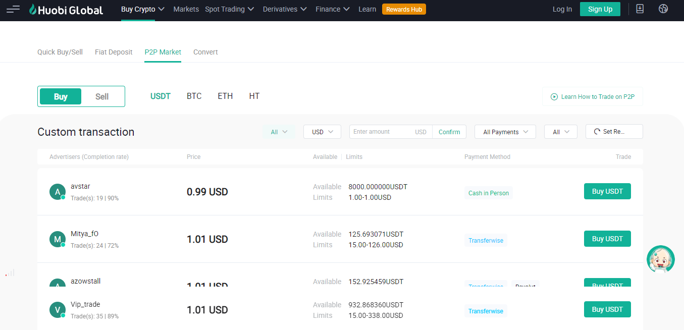 Screenshot of the Huobi P2P platform