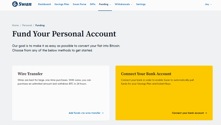 Swan Bitcoin fund account methods