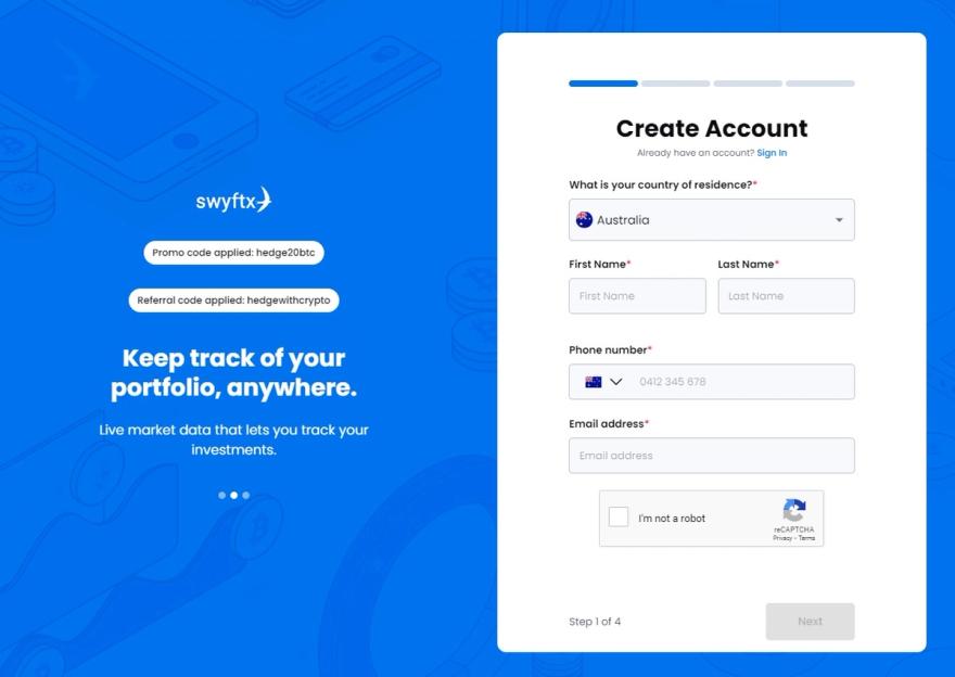 creating a new account on swyftx