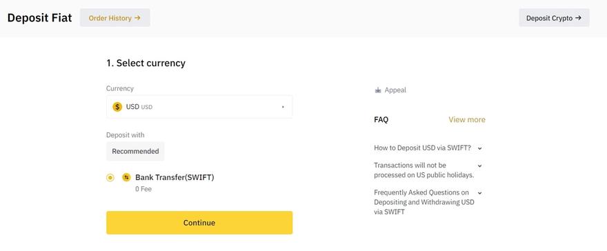 Depositing fiat currency to Binance