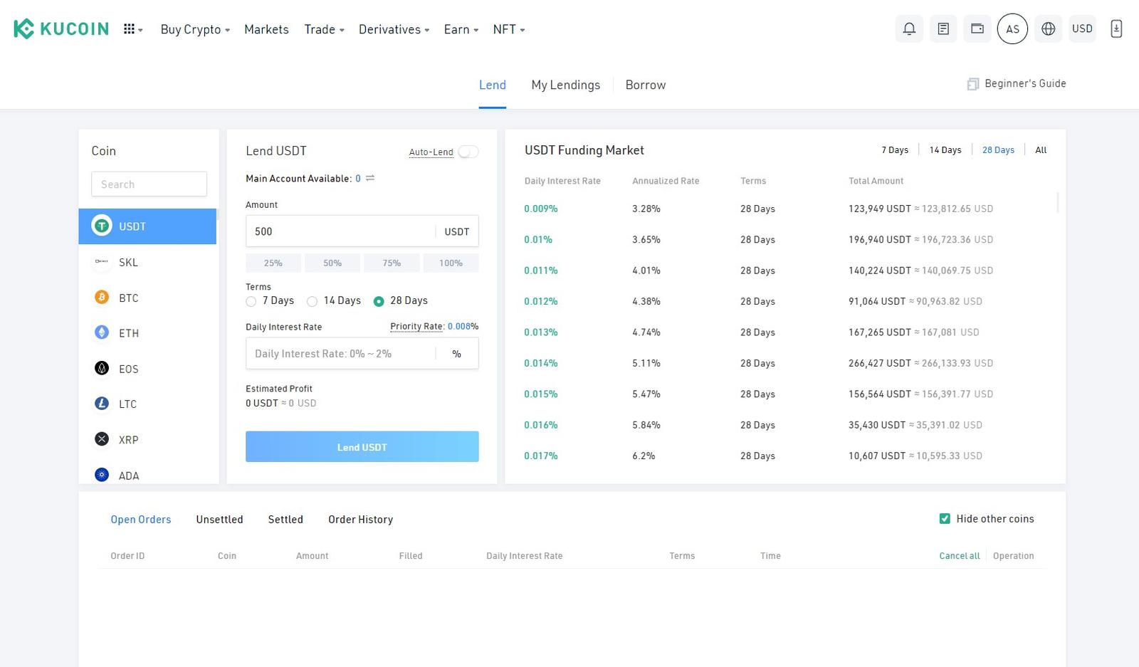 Screenshot of KuCoin crypto lending platform
