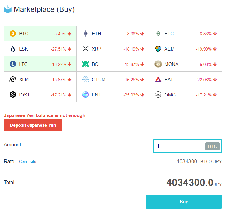 Screenshot of buying crypto on Coincheck