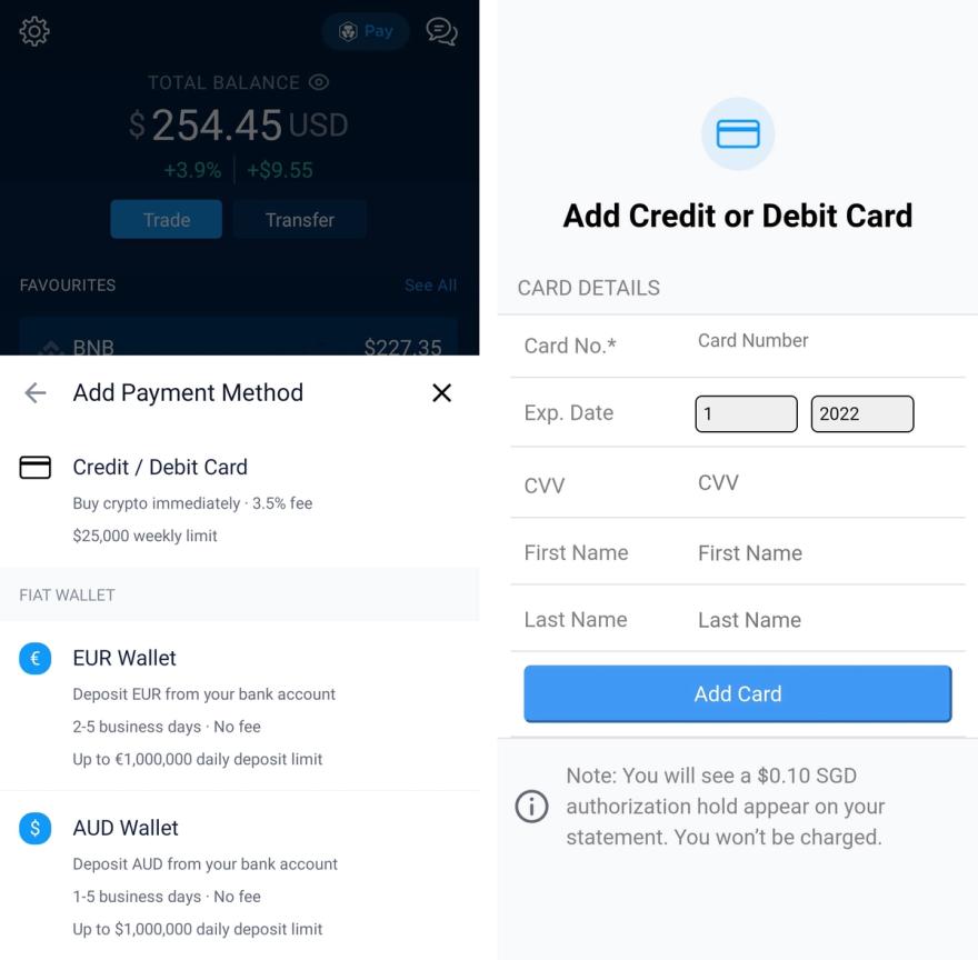 Screenshot of adding credit card to Crypto.com App