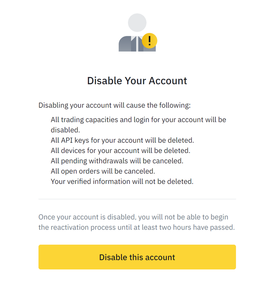 Binance account disable confirmation
