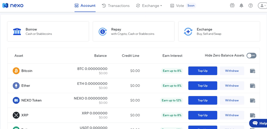 Lending, repaying and exchanging crypto with Nexo