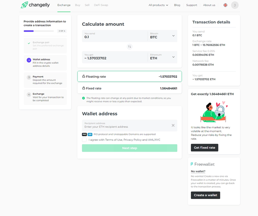 Changelly Crypto Swap Interface