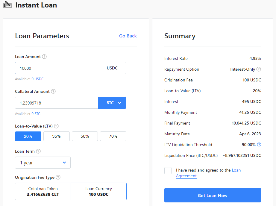 Screenshot of the crypto-backed loan process on CoinLoan