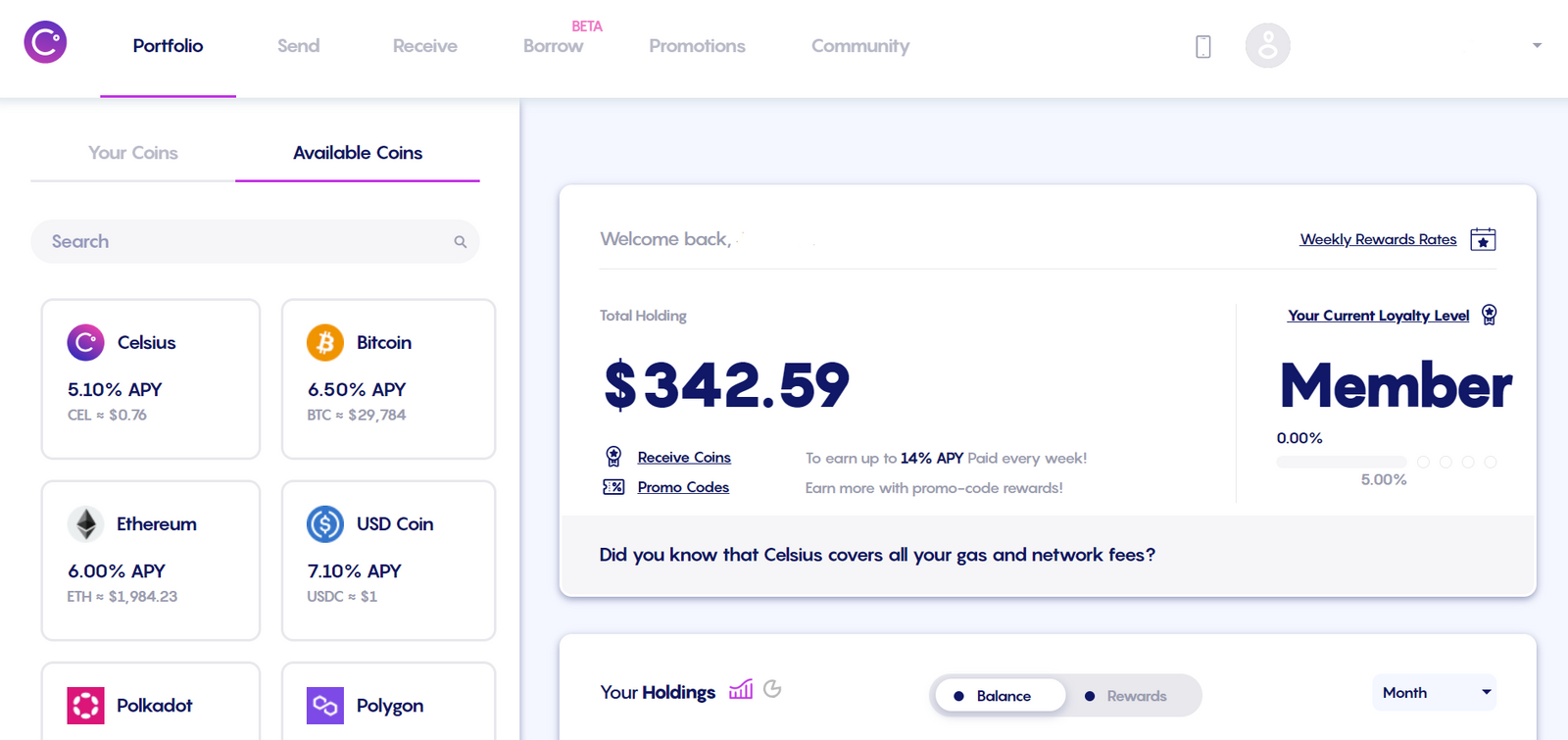 Celsius yield farming assets and APYs
